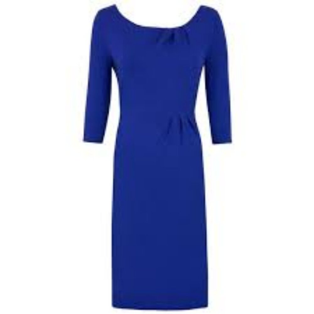 NWT LANDS' END 3/4 SLEEVE PONTE PLEATED COLUMN ZIP BACK‎ DRESS COBALT BLUE 6P